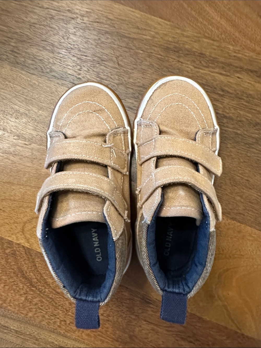 Old Navy Tan Canvas Kids Hook-and-Loop Sneakers with Navy Trim
